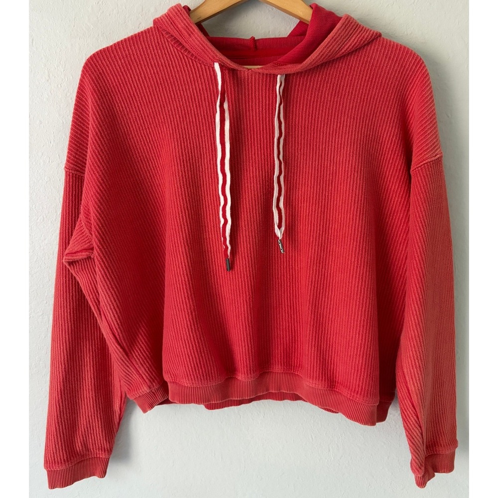 Aerie Women Waffle Knit Cropped Hoodie S Red Loungewear Sweatshirt Cozy Comfy